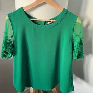 Kaii Emerald Green Blouse with Sheer Embroidered Sleeves
